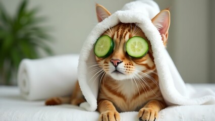 cat with cucumbers on eyes self-care concept