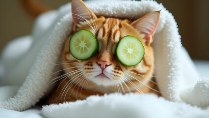 cat with cucumbers on eyes self-care concept