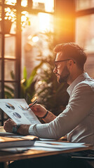 Poster - A businessman is reviewing project status report in well lit office, surrounded by greenery. warm sunlight creates productive atmosphere as he analyzes data thoughtfully