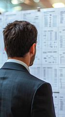 Poster - A businessman is reviewing project timeline, analyzing important details and making strategic decisions. His focused expression reflects seriousness of task at hand