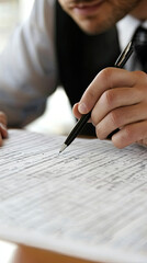 Poster - A businessman is focused on working with budget spreadsheet, carefully writing notes with pen. scene conveys sense of professionalism and attention to detail