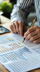 Poster - Efficient businessman working on budget spreadsheet, analyzing data with pen in hand. focus is on financial planning and organization, showcasing professional environment
