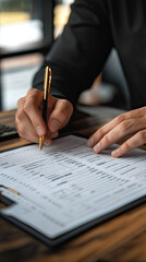 Poster - A businessman is focused on working with budget spreadsheet, using pen to make important notes. setting is professional, highlighting importance of financial planning