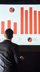 Poster - Businessman working on presentation slide, analyzing data with graphs and charts. atmosphere is focused and professional, highlighting importance of effective communication in business