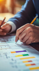Poster - Businessman working on project timeline, analyzing charts and graphs with pen and pencil. focused expression reflects dedication and professionalism in corporate environment