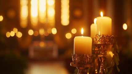 Wall Mural - Lit Candles on Ornate Holders in a Church for Evening Prayer Service