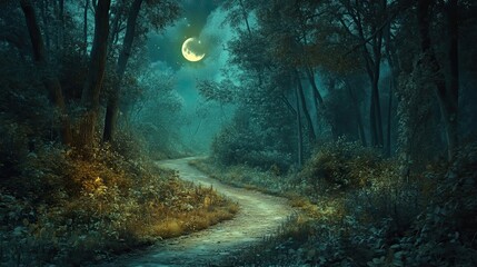 Canvas Print - Winding Path Through a Foggy Forest Underneath a Full Moon