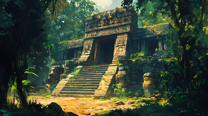 forest mayan style ancient culture. mayan civilization forest cave. concept art illustration paintin