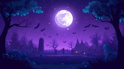 Full moon flat design top view halloween night theme animation complementary color scheme.,. Full Moon Night. Illustration