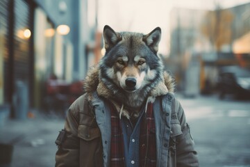 Wall Mural - Hipster wolf walking around the city on the street.