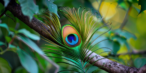 A photo of a peacock feather with blur background