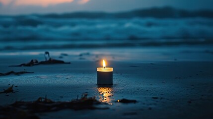 Wall Mural - A Single Candle on a Wet Beach at Dusk