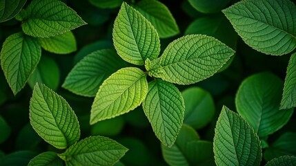 Close-up of lush green leaves with detailed texture, nature pattern concept