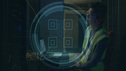 Poster - animation of security data and qr code over asian male worker in server room