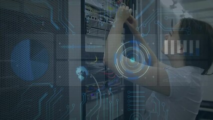 Poster - Animation of diagrams and globe over caucasian female worker in server room