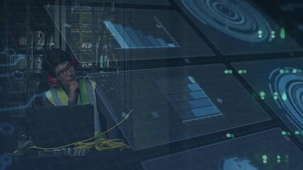 Poster - Animation of data processing over asian male worker in server room