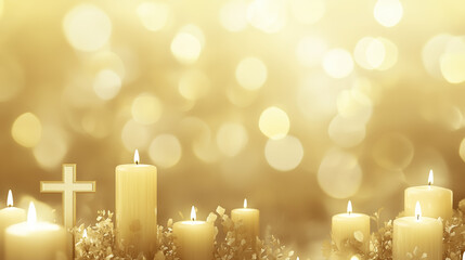 Wall Mural - Golden Candlelit Cross with Soft Glowing Bokeh Background and Copy Space