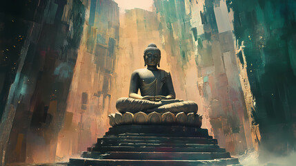 Wall Mural - Generative ai illustration of buddha statue in lotus pose in sacred temple with uneven walls. Ancient Temple. Illustration