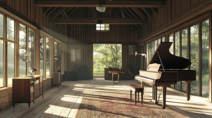 Wall Mural - A grand piano sits in a wooden cabin, bathed in sunlight streaming through large windows, a rug on the floor and a small wooden table.