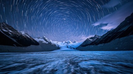 Wall Mural - A stunning night sky over a glacial landscape, showcasing star trails and mountain peaks.