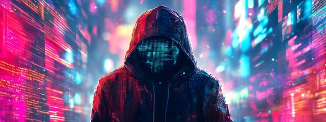 A digital collage of various computer code and data, with the face of a hacker wearing a hoodie in front of it