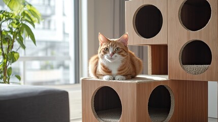 A cat condo with integrated catnip holders and scratching pads, combining playtime and relaxation for cats