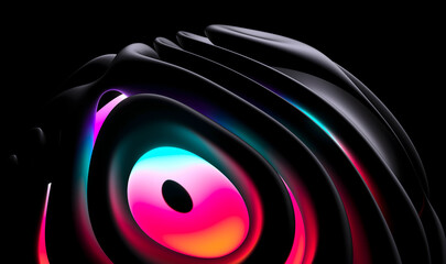 3d render abstract art with part of the surreal alien flower in curved wavy spherical elegance spiral lines forms in black matte rubber material with a neon glowing yellow blue and purple part