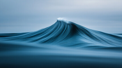 A solitary wave rises gracefully against a calm ocean backdrop on a tranquil evening at sea