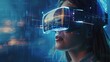 © dony - Young woman in VR glasses using immersive blurry medical interface over dark blue background. Concept of digital healthcare. Double exposure