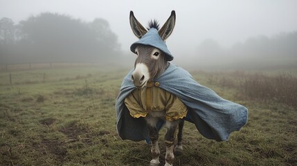 A whimsical donkey in a blue cape, standing in a foggy field. Perfect for children's stories and imaginative illustrations.