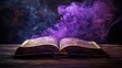 © 69 - Purple smoke rises mysteriously from the pages of an old, weathered book on a dark wooden table.