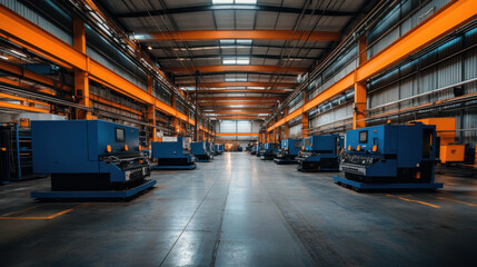 Wall Mural - Spacious industrial factory showcasing rows of heavy machinery and equipment, highlighting a modern manufacturing or production environment.