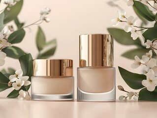 Two glass jars of skin care products with gold lids surrounded by white blossoms and green leaves on a light pink background.