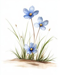 Beautiful watercolor illustration of delicate blue flowers amidst green grass, perfect for nature-inspired designs.