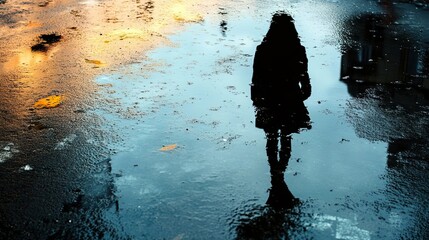 Silhouette of a Person Reflected in a Puddle