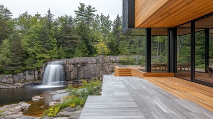 Wall Mural - Modern home with a large glass window overlooking a waterfall in a lush forest.