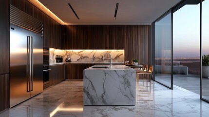 A contemporary kitchen interior featuring sleek cabinets, a marble island, and stainless steel appliances