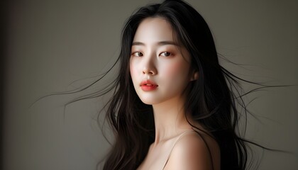 Striking portrait of a Korean woman with long, silky hair and captivating features