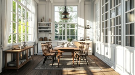 Wall Mural - Sun-drenched dining room with wooden table and chairs, white walls and windows overlooking green trees.