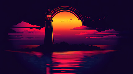 Wall Mural - Neon silhouette of lighthouse at sunrise isotated on black background. Lighthouse. Illustration