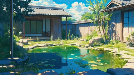 Canvas Print - Tranquil Japanese Garden with Koi Pond and Traditional Houses