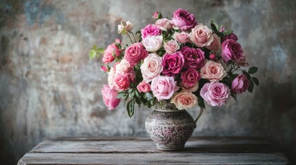 Wall Mural - A bouquet of roses in various shades of pink, beautifully arranged in a vintage vase, placed on a rustic wooden table.