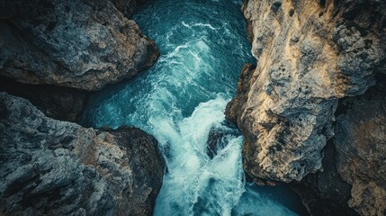 Aerial view of turbulent ocean water between rugged rock formations.