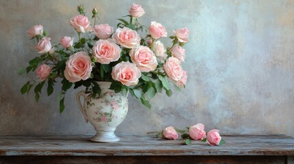 Wall Mural - A charming bouquet of pink roses in a vintage vase, set on a weathered wooden table, evoking a sense of nostalgia.