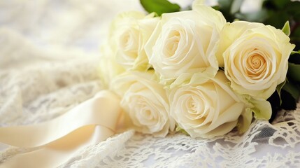 Wall Mural - A close-up of a bouquet of white roses, tied with a satin ribbon, on a lace-covered table, symbolizing purity and grace.