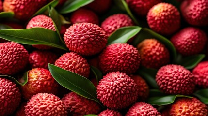 A close-up of vibrant, market-ready lychees (Litchi chinensis), perfect for tropical fruit lovers