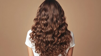 studio portrait of a beautiful girl with gorgeous curly long shiny brown hair back view showing flowing curls and natural beauty graceful woman with elegance