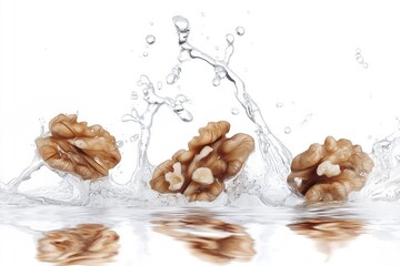 Walnuts splashing into water creating reflections