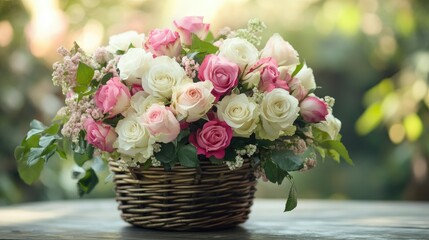 Wall Mural - A delicate bouquet of pink and white roses in a vintage basket, placed on a garden table, evoking a serene, romantic mood.