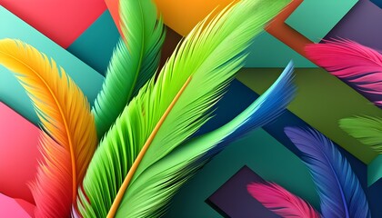 Vibrant Feathered Abstract with Geometric Shapes and Minimalistic 3D Background